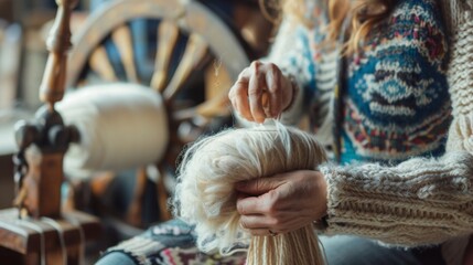 Fototapeta premium An artisan skillfully spins wool fibers into yarn using a spinning wheel in a warm, inviting workshop.