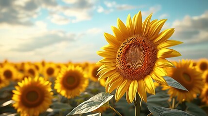 Fototapeta premium Seaside breeze carrying radiant golden pollen from sunflowers, the vibrant fields stretching to the horizon