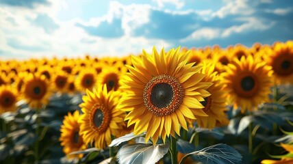 Obraz premium Seaside breeze carrying radiant golden pollen from sunflowers, the vibrant fields stretching to the horizon
