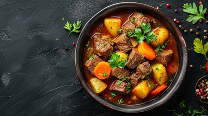 Hearty beef stew with potatoes and carrots in tomato sauce served on a dark surface