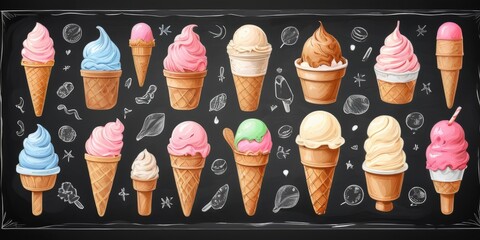 set ice cream advertising menu on a chalkboard with copy space