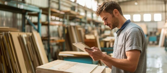 Carpenter using a tablet in a workshop