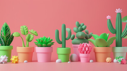 cute differents 3D cartoon plants separated on plain studio background, cartoon pastel style, 