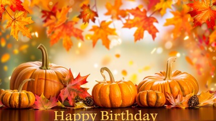 Bright orange pumpkins are arranged on a wooden table surrounded by vibrant autumn leaves, creating a festive birthday atmosphere.