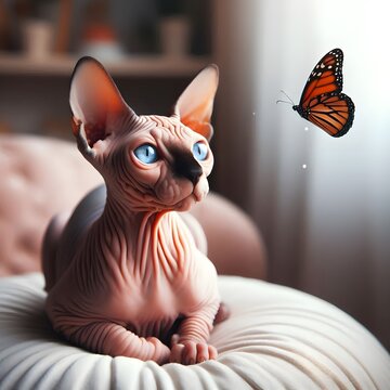 Curious Sphynx Kitten Watching Butterfly
