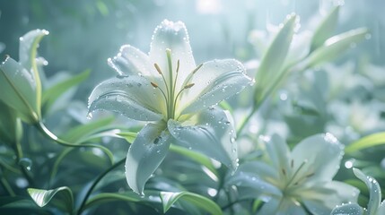 Fototapeta premium Close-up of a White Lily Flower with Dew Drops.