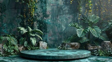 Forest green display podium surrounded by lush foliage in natural setting
