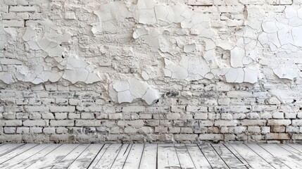 Vintage gallery interior with distressed white brick walls and wooden flooring