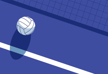 Volleyball ball casts a shadow on volleyball court, top view, volleyball net shadow and ball, view from above, poster with space for text, vector