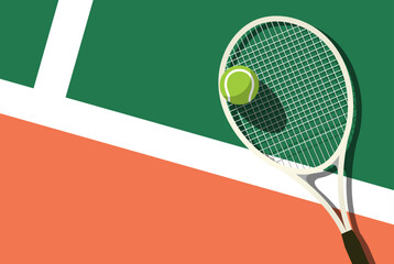 Lawn tennis racket and ball lies on tennis court, view from above, sport poster, vector