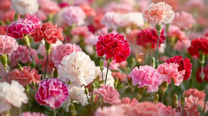 Obraz premium Delicate Pink and Red Carnations with a Butterfly.