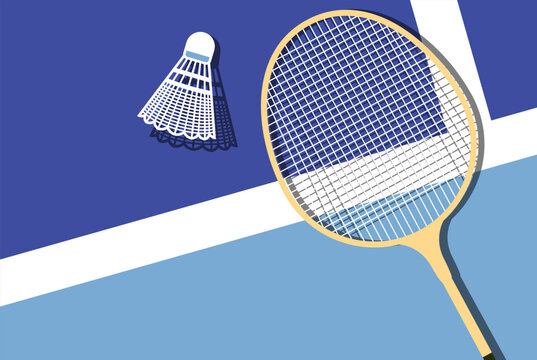 Badminton racket and shuttlecock lies on badminton court, view from above, sport poster, vector