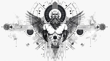 Obraz premium Tattoo art line, illustrated in Illustrator, perfect generation without design errors, pure white and clean background. A geometric and realistic style tattoo, featuring a combination of mythological.