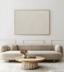 Beige Sofa and Coffee Table with Wooden Texture in Minimalist Living Room Interior