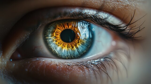 A close-up of a person's eye with detailed iris patterns and sharp focus