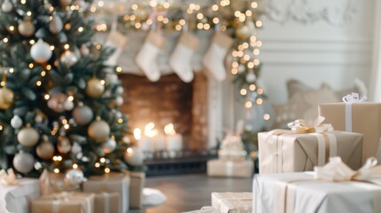 Elegant Christmas scene with a decorated tree, gifts, and a fireplace, set against a cozy interior with bokeh lights. Warm and festive holiday ambiance concept.