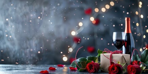 Red roses, wine bottle, gift boxes, and scattered rose petals on a dark textured background. Perfect for romantic or Valentine's Day themes.
