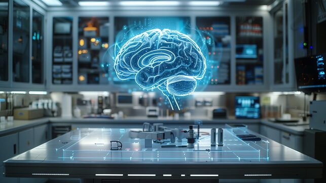 A high-tech laboratory features a holographic brain projection above a sleek worktable filled with advanced equipment.