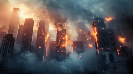 City skyline with several buildings on fire, producing thick smoke, creating an apocalyptic scene.