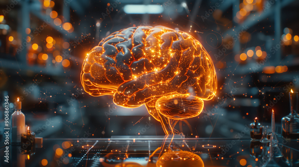 Poster intricate neural networks glow vividly within a laboratory environment, showcasing the complexity of