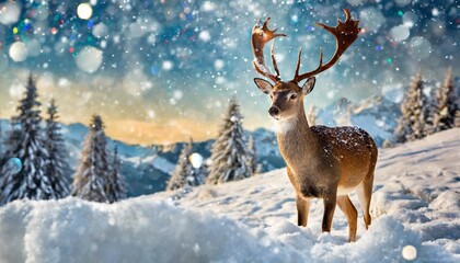 Deer in a snow on Christmas background. Winter wonderland.