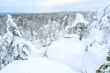 Stone city in the woods moss-grown nature in the winter. Usva, Ural.