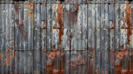 Weathered zinc wall with rust highlights in an urban setting