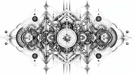 tattoo art line, illustrated in illustrator, perfect generation without design errors, pure white and clean background, A geometric and realistic style tattoo, featuring a combination of mythological.