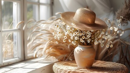 vintage minimalist background with brown stray hat, bouquet of brown grass flowers in a vase, plan view, with realism, white background. free space for text.