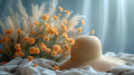 vintage minimalist background with brown stray hat, bouquet of brown grass flowers, plan view, with realism, white background. free space for text.