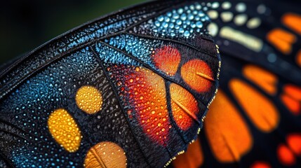 A close-up of a butterfly wing with intricate patterns and vivid colors