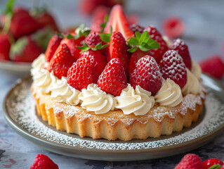 a tray of fresh strawberries cake with whipped cream on top, possibly a dessert.