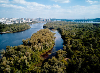 Fototapeta premium Aerial drone view of Dnipro river and Kyiv city.