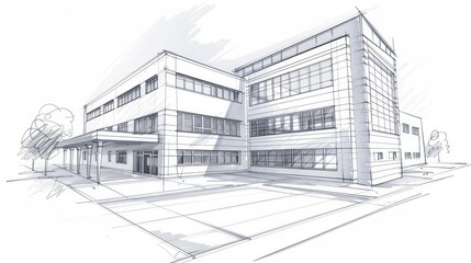Pencil sketch, blueprint Exterior view of a typical American school