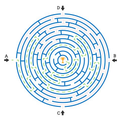 Maze. A design element for logical thinking with four inputs. One entrance leads to the center, three entrances lead to a dead end