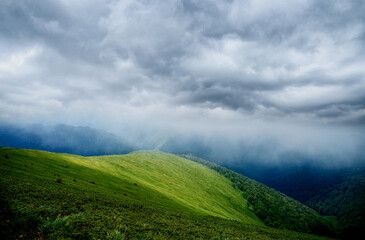 Beautiful mountains landscape with green hills. Carpathians, Ukraine.