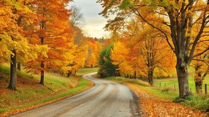 Obraz premium Scenic Winding Country Road with Autumn Leaves
