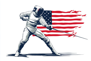 Fototapeta premium Cartoon fencer with USA flag design for T shirt POD print on demand on white background