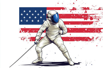 Obraz premium Cartoon fencer with USA flag design for T shirt POD print on demand on white background