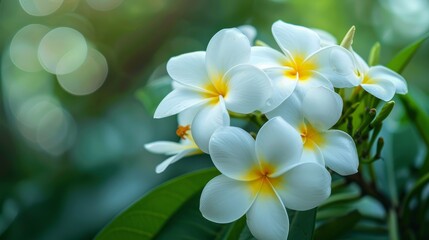 Fototapeta premium White plumeria flowers blooming amidst lush greenery in a tropical garden