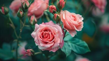 Close-up of pink roses in full bloom against a lush green background