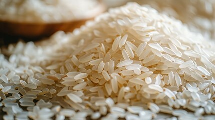 Close up of white rice piled on a wooden surface in natural light