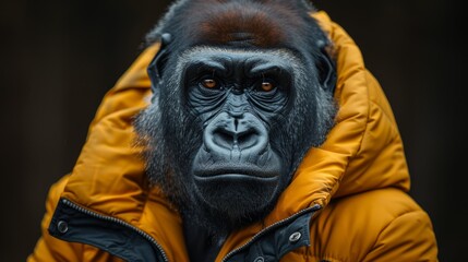 Portrait of an adult gorilla wearing a winter jacket looking at the camera