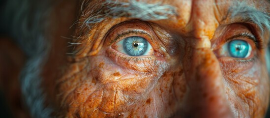 close up wrinkled eyes of old caucasian man 70-79 years old, thoughtful wise eyes of old man, banner