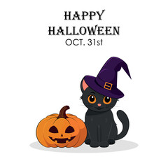 Happy Halloween. Greeting card or invitation with cute pumpkin and black cat in witch hat isolated on white background. Vector illustration