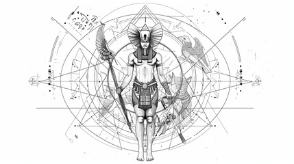 Tattoo art line, illustrated in Illustrator, perfect generation without design errors, pure white and clean background. A geometric and realistic style tattoo, featuring a combination of mythological.