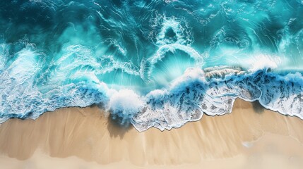 Obraz premium A serene sea beach with gentle blue ocean waves on a summer day. Ideal background for travel blogs, vacation ads, and beach-themed designs.