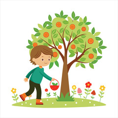 A tree with a child picking flowers nearby illustration vector