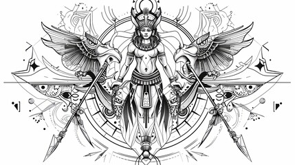 Tattoo art line, illustrated in Illustrator, perfect generation without design errors, pure white and clean background. A geometric and realistic style tattoo, featuring a combination of mythological.