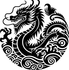 Solid Black Chinese Dragon Icon on White Background for Design and Artwork